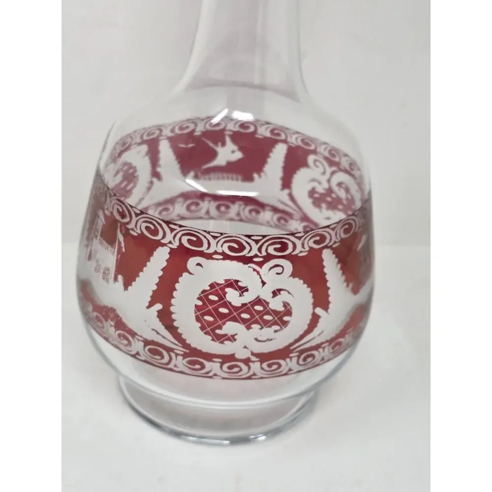 Vintage Bohemian Cranberry Glass Decanter w/ Etched Decoration 12